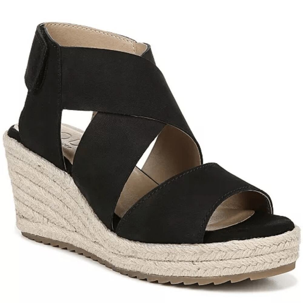 Soul Naturalizer Oshay Black Leather Espadrille Strappy Wedge Heel Sandal Size 6